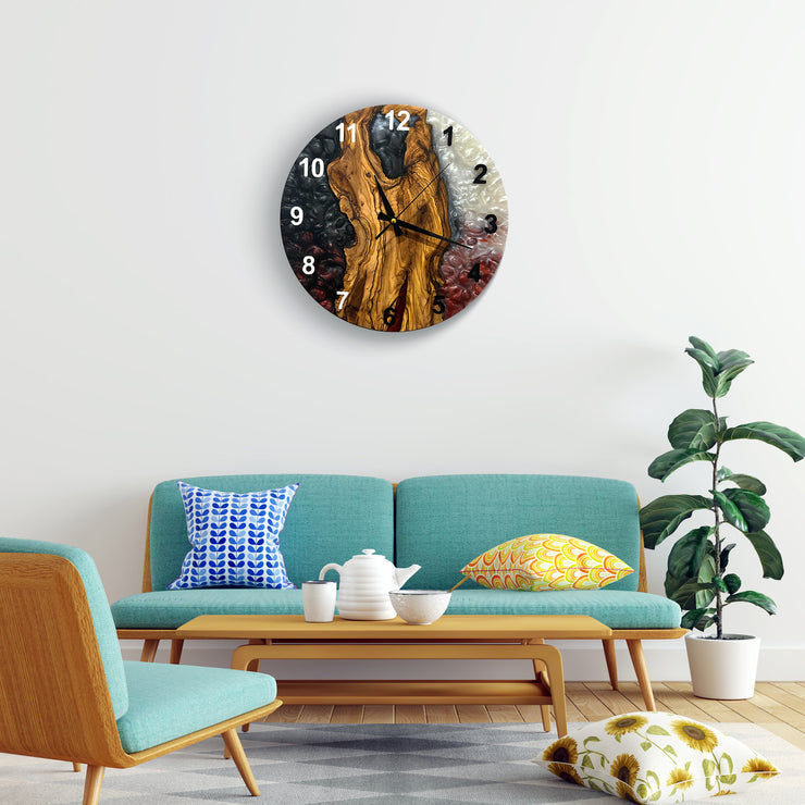 Live Edge Rustic Olive Wood Wall Clock, Olive Wood Wall Clock - Custom Made Resin , Home gift, New Home Gift (Kopya)