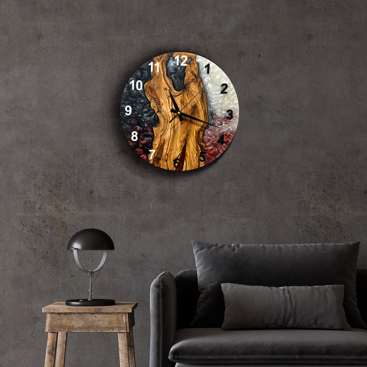Live Edge Rustic Olive Wood Wall Clock, Olive Wood Wall Clock - Custom Made Resin , Home gift, New Home Gift (Kopya)
