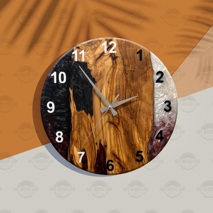 Live Edge Rustic Olive Wood Wall Clock, Olive Wood Wall Clock - Custom Made Resin , Home gift, New Home Gift (Kopya) (Kopya)