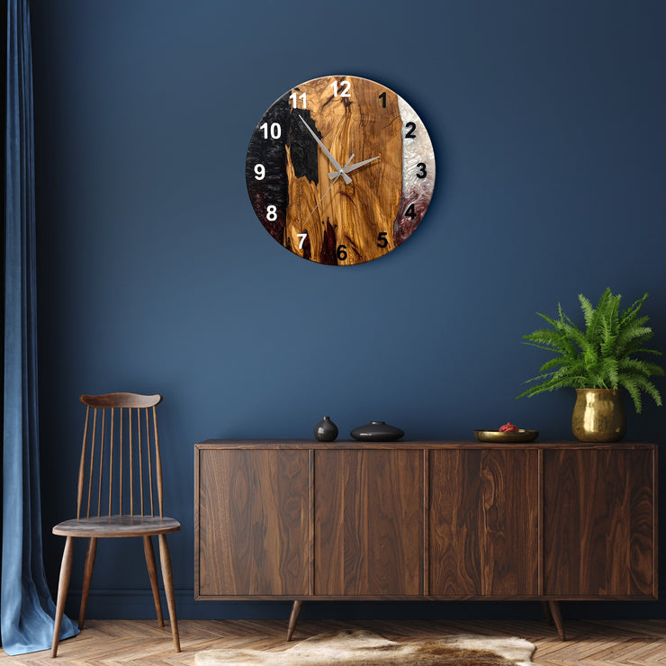 Live Edge Rustic Olive Wood Wall Clock, Olive Wood Wall Clock - Custom Made Resin , Home gift, New Home Gift (Kopya) (Kopya)