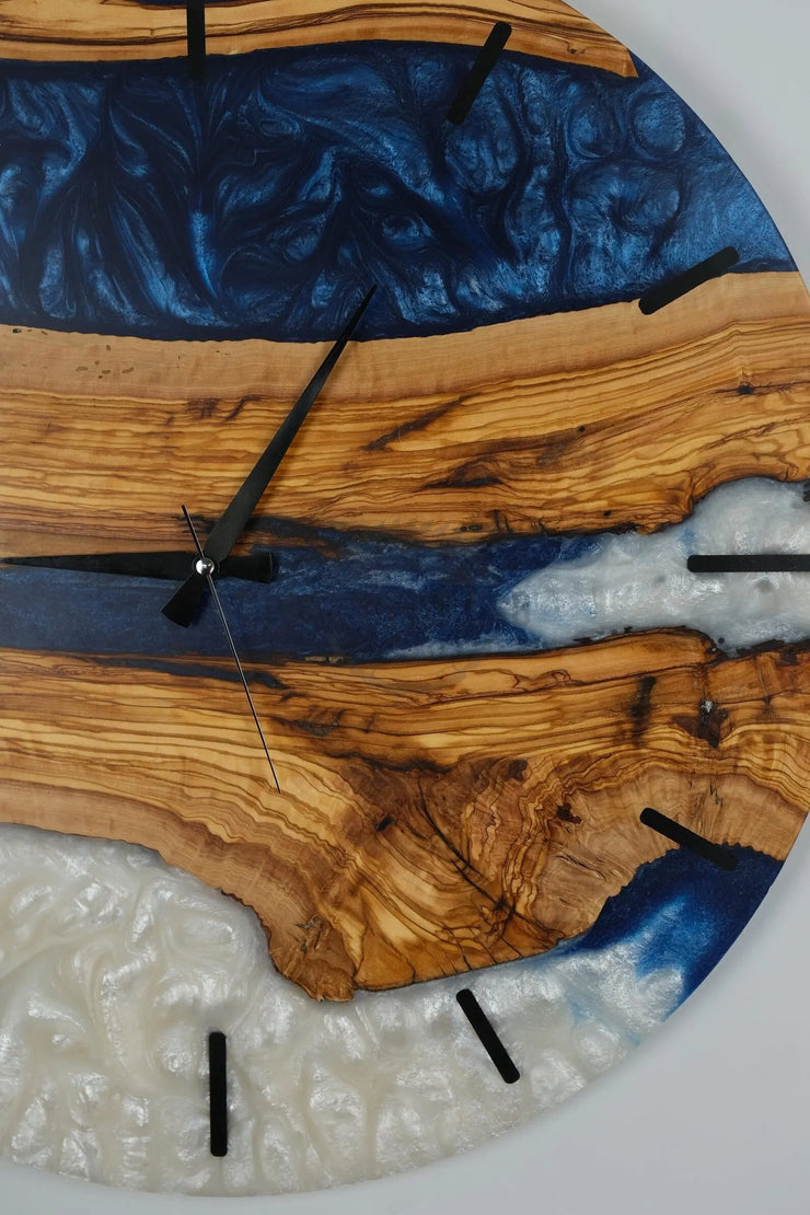 Custom Wall Clock blue white toning & Olive Wood Wall Clock - Art Wood Lab