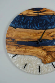 Custom Wall Clock blue white toning & Olive Wood Wall Clock - Art Wood Lab