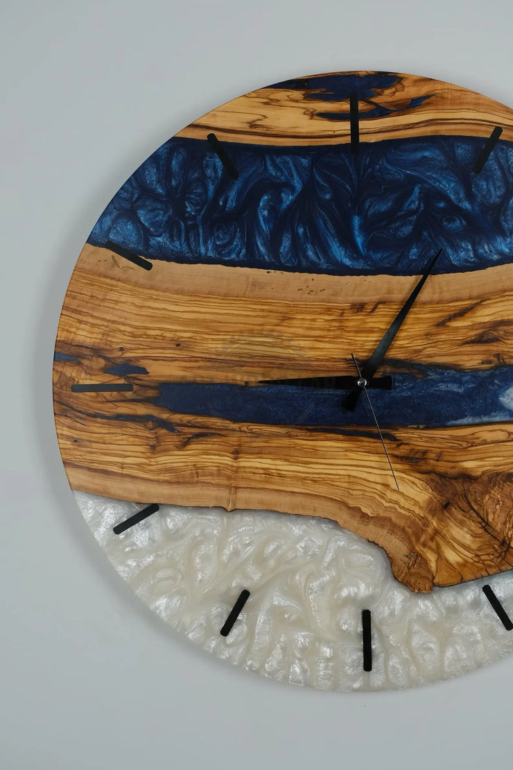 Custom Wall Clock blue white toning & Olive Wood Wall Clock - Art Wood Lab