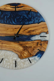 Custom Wall Clock blue white toning & Olive Wood Wall Clock - Art Wood Lab