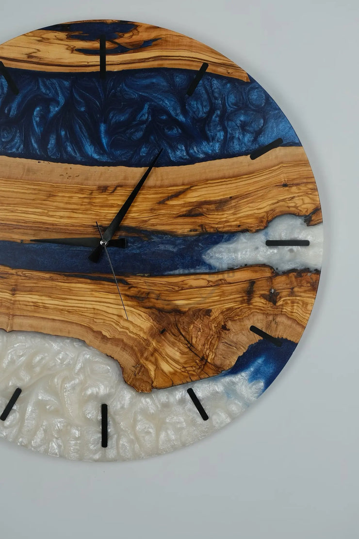 Custom Wall Clock blue white toning & Olive Wood Wall Clock - Art Wood Lab