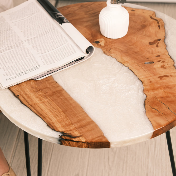 Handcrafted Round Olive Wood and Epoxy Side Table - Transparent Black Custom Colors Sizes , Home Gift, Living Room Decor - Art Wood Lab