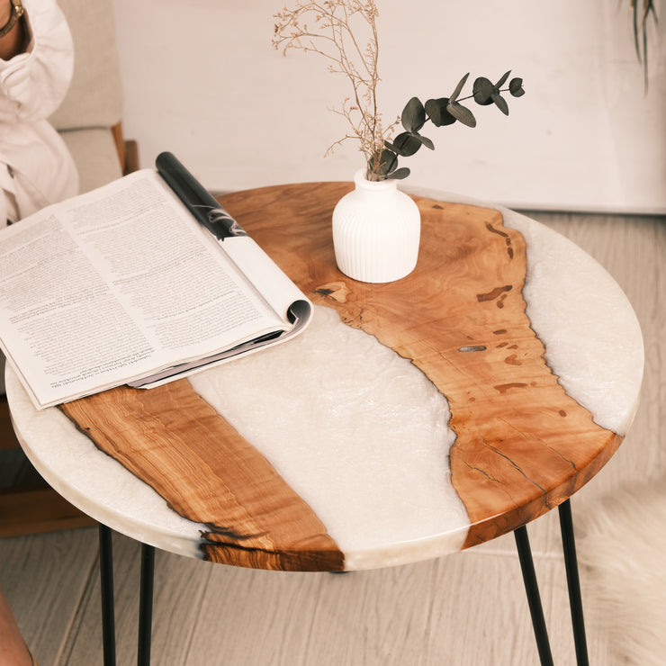 Handcrafted Round Olive Wood and Epoxy Side Table - Transparent Black Custom Colors Sizes , Home Gift, Living Room Decor - Art Wood Lab