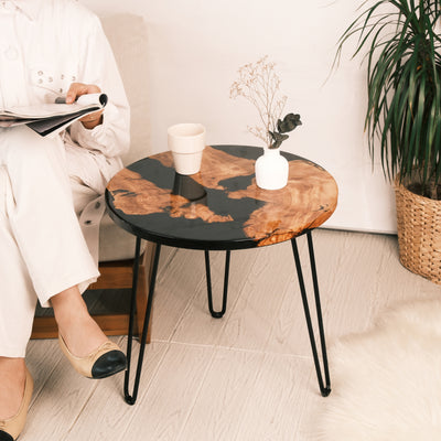 Handcrafted Round Olive Wood and Epoxy Side Table - Black Custom Colors Sizes , Home Gift, Living Room Decor - Art Wood Lab