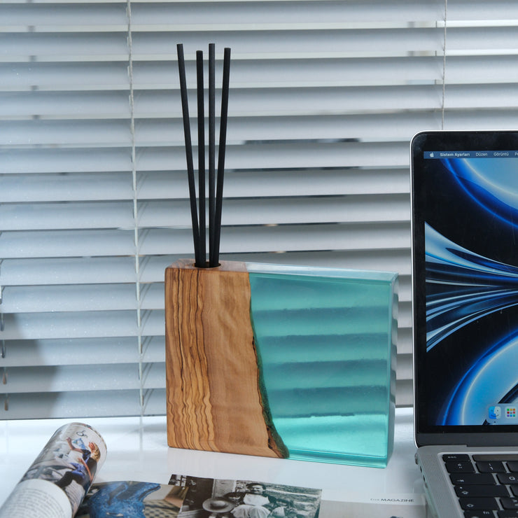 Epoxy Reed Diffuser Square, Handmade Wood Resin Diffuser with Black Reed Wood Sticks, Housewarming Gift, Luxury Home Decor, Christmas Gift - Art Wood Lab