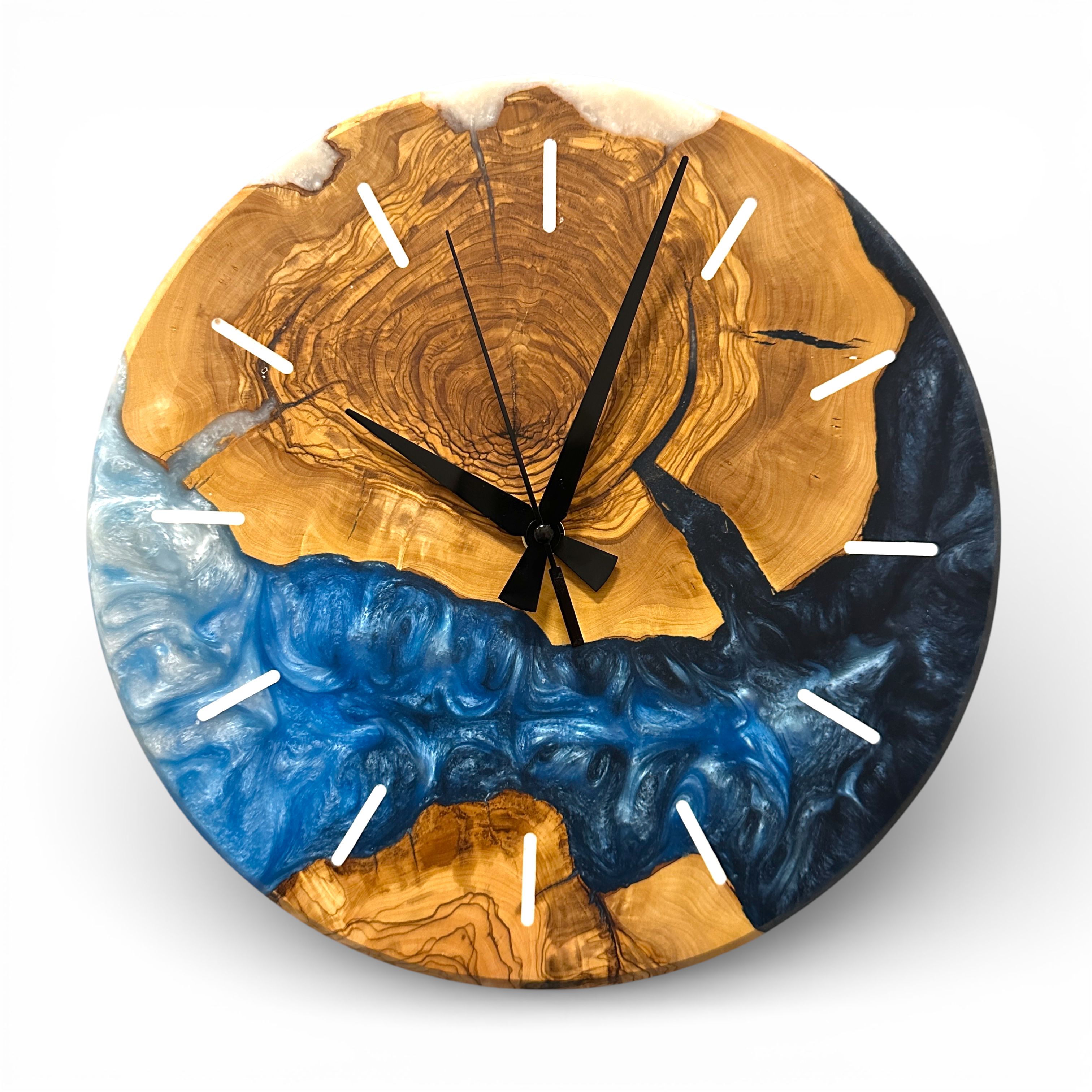 Custom Olive Wood and Resin Wall Clock, Live Edge Rustic Home Decor