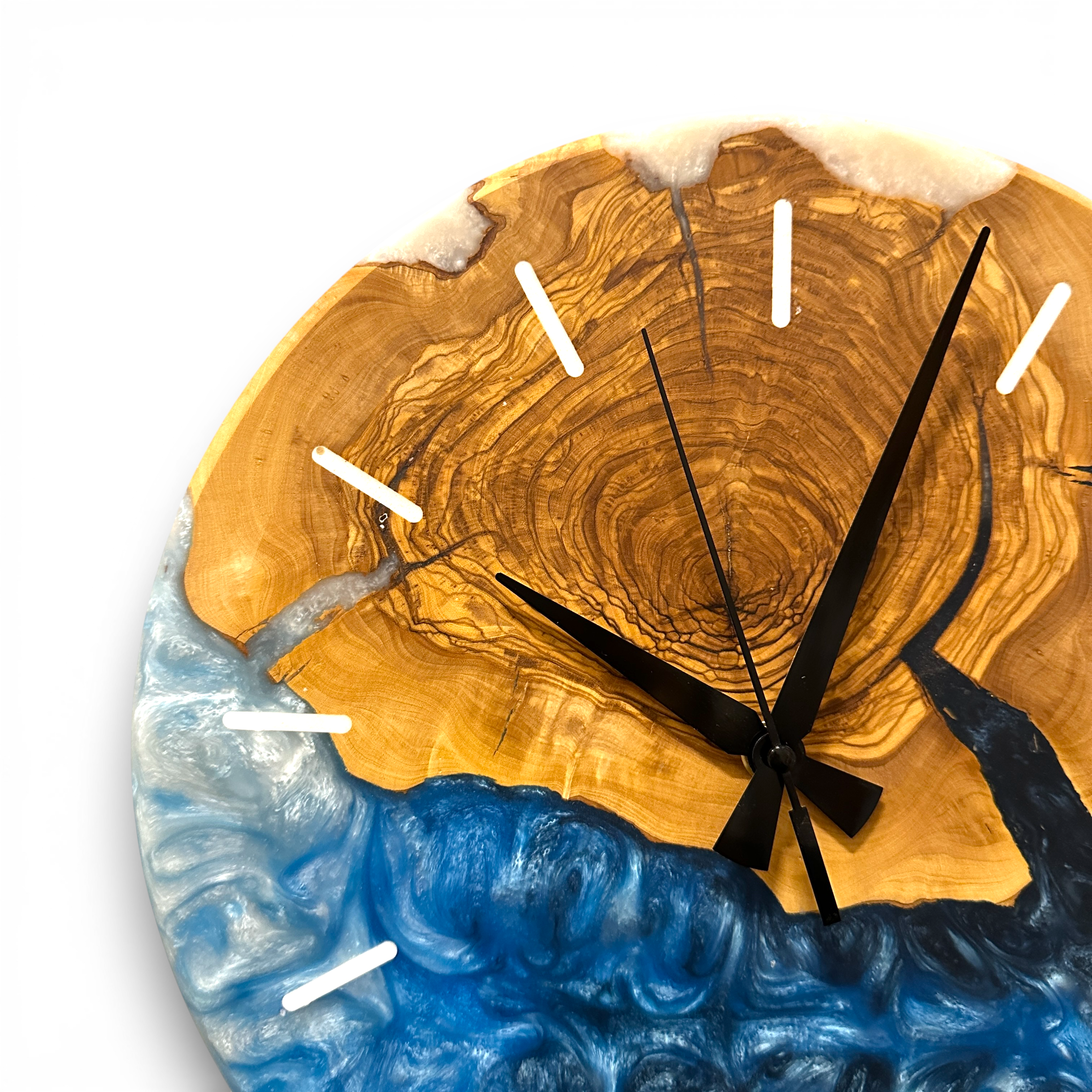 Custom Olive Wood and Resin Wall Clock, Live Edge Rustic Home Decor