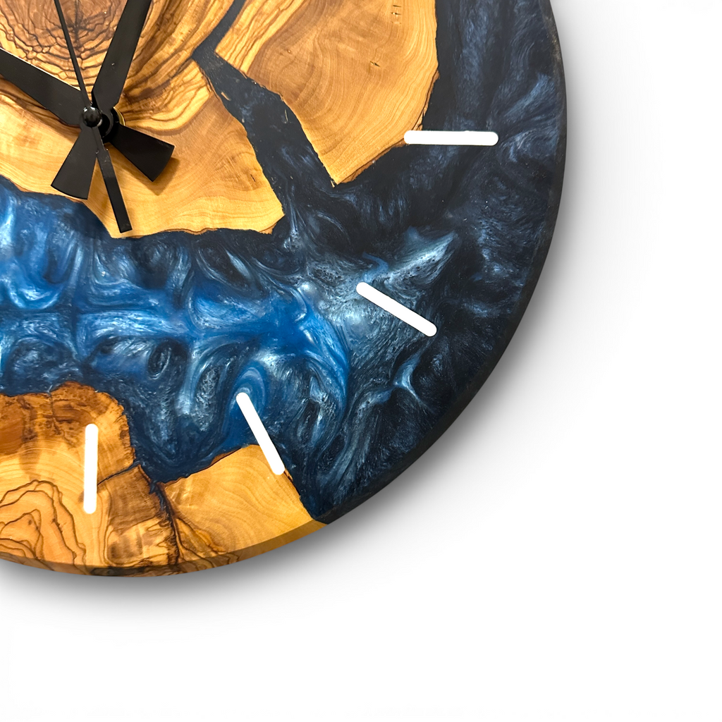 Custom Olive Wood and Resin Wall Clock, Live Edge Rustic Home Decor