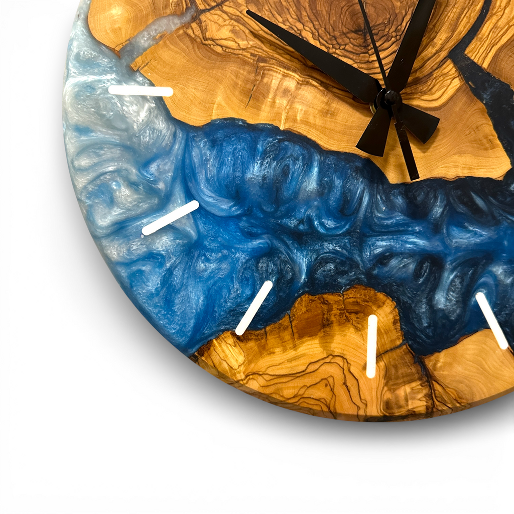 Custom Olive Wood and Resin Wall Clock, Live Edge Rustic Home Decor