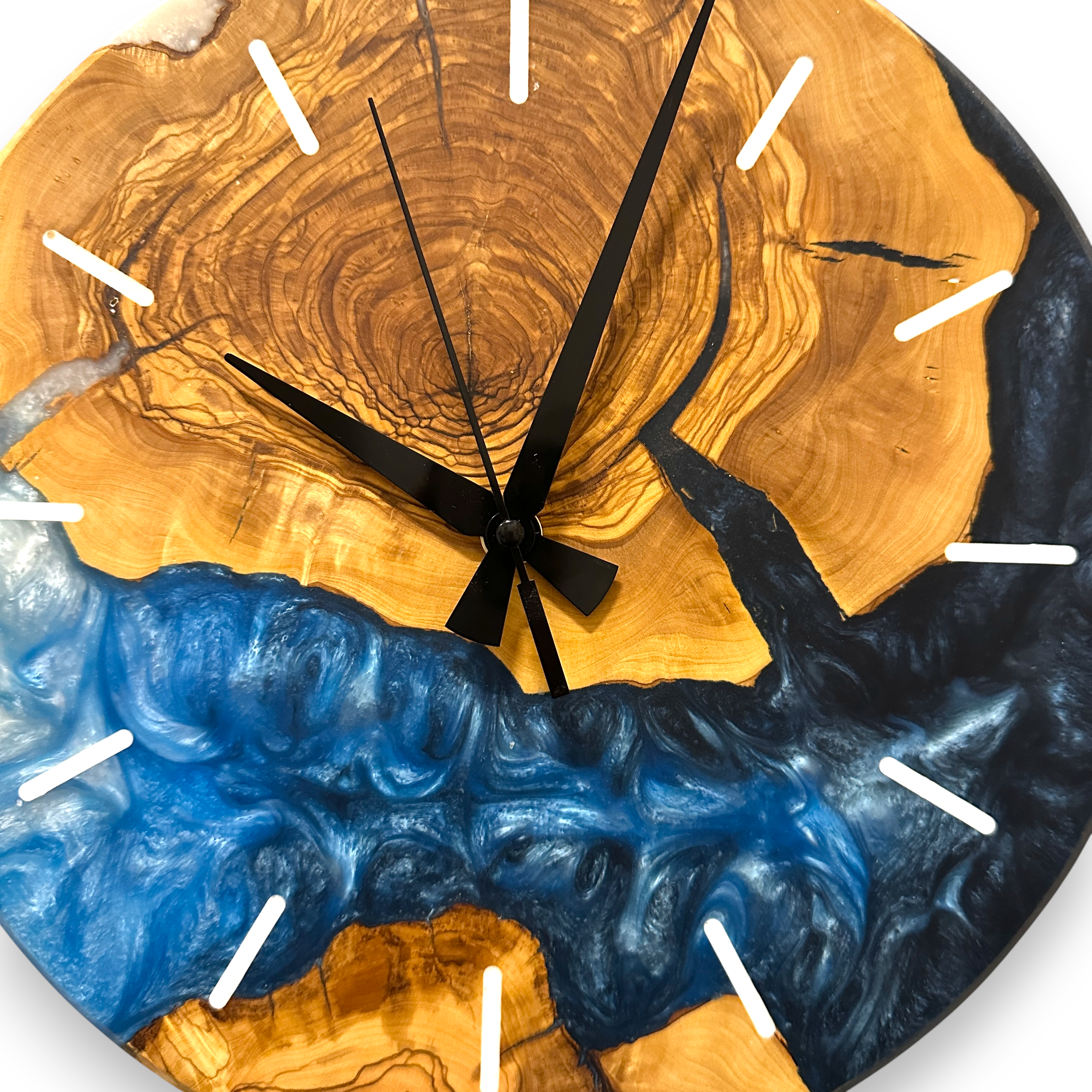 Custom Olive Wood and Resin Wall Clock, Live Edge Rustic Home Decor