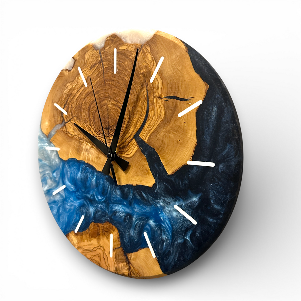 Custom Olive Wood and Resin Wall Clock, Live Edge Rustic Home Decor