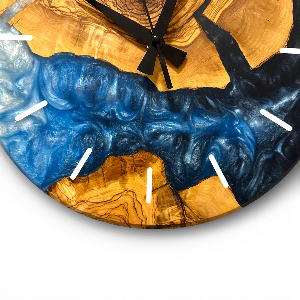 Custom Olive Wood and Resin Wall Clock, Live Edge Rustic Home Decor