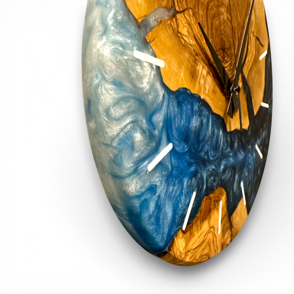 Custom Olive Wood and Resin Wall Clock, Live Edge Rustic Home Decor