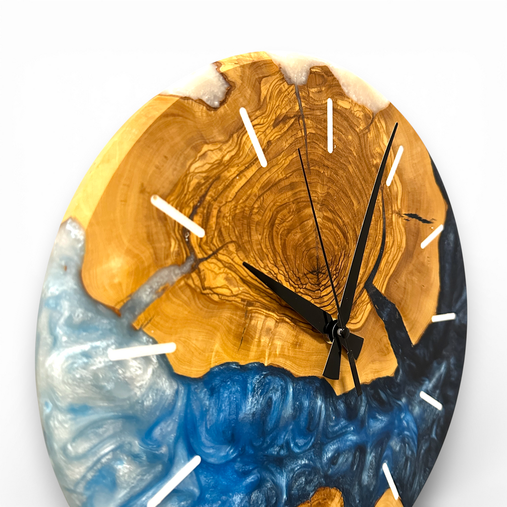 Custom Olive Wood and Resin Wall Clock, Live Edge Rustic Home Decor