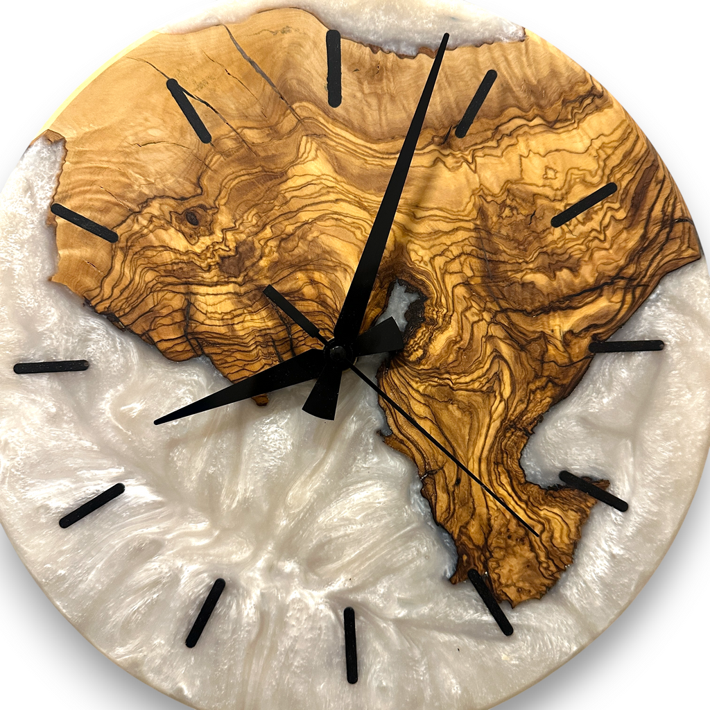 Olive Wood Wall Clock, Resin Art and Live Edge, Home Decor