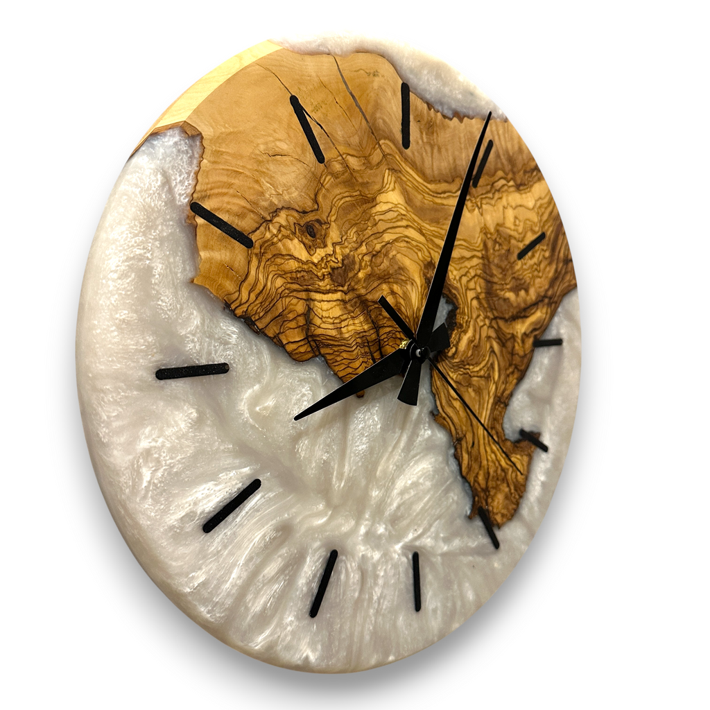 Olive Wood Wall Clock, Resin Art and Live Edge, Home Decor