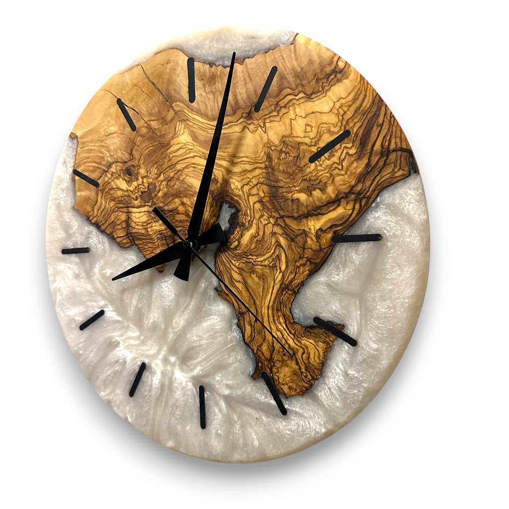 Olive Wood Wall Clock, Resin Art and Live Edge, Home Decor