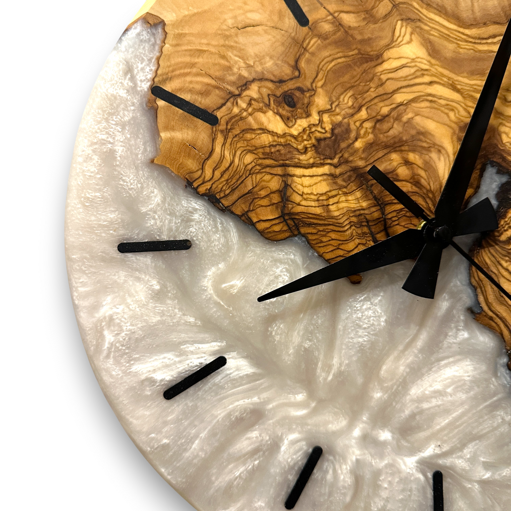 Olive Wood Wall Clock, Resin Art and Live Edge, Home Decor