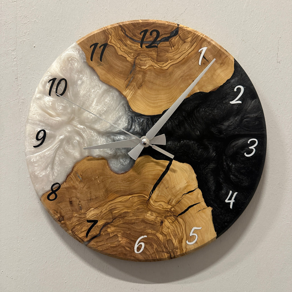 Olive Wood Wall Clock - Live Edge with Clear Resin Detail, Home Decor