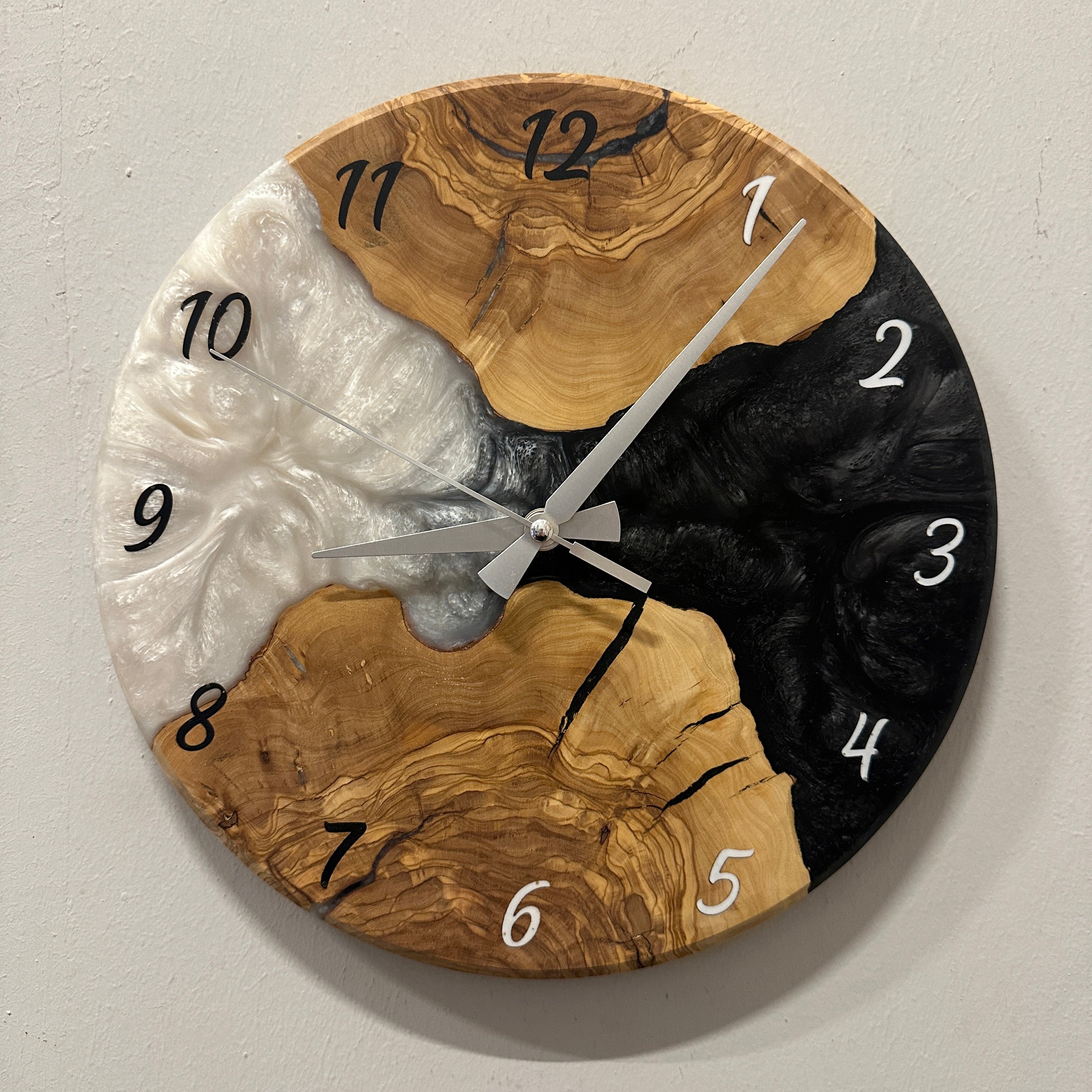 Olive Wood Wall Clock - Live Edge with Clear Resin Detail, Home Decor