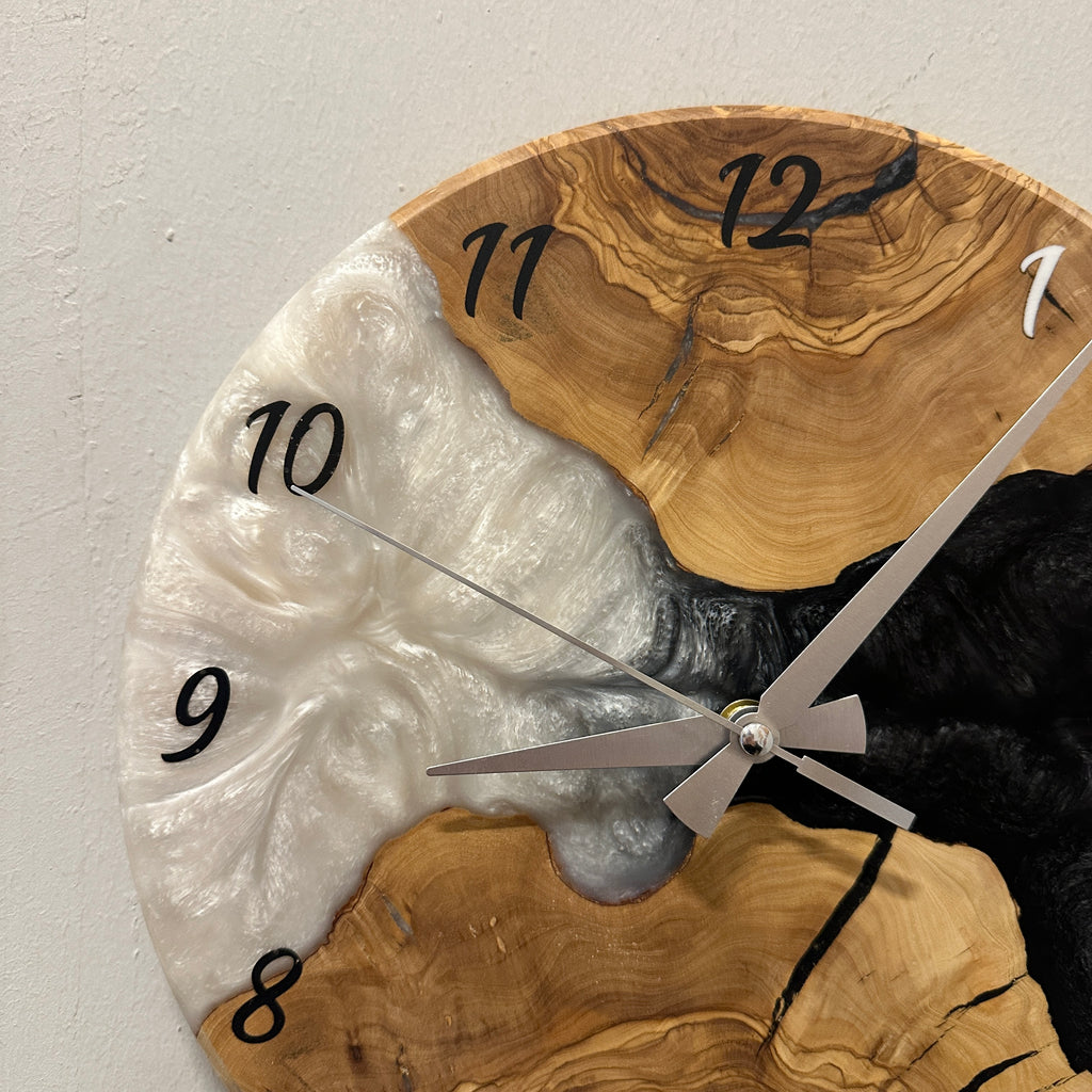 Olive Wood Wall Clock - Live Edge with Clear Resin Detail, Home Decor