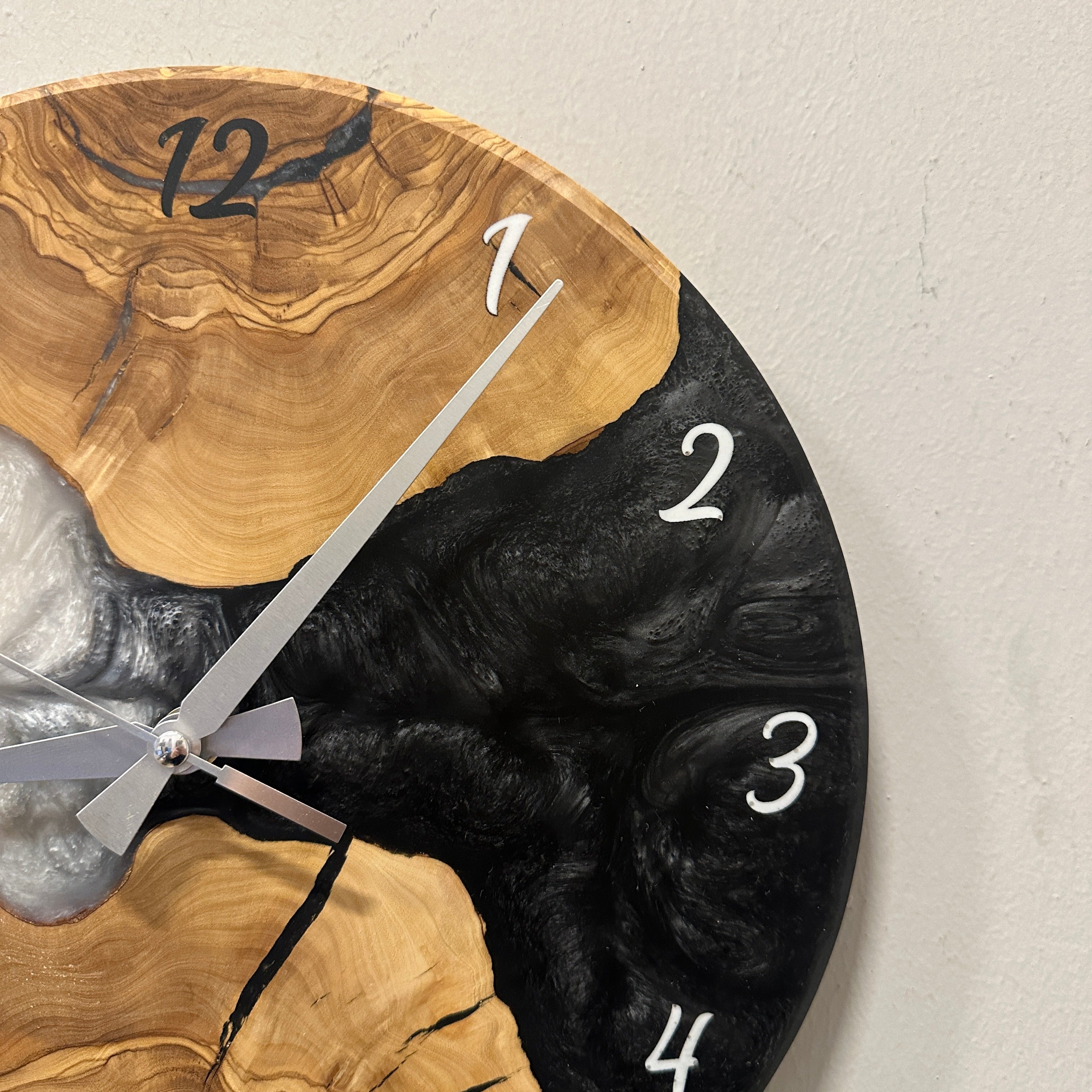 Olive Wood Wall Clock - Live Edge with Clear Resin Detail, Home Decor