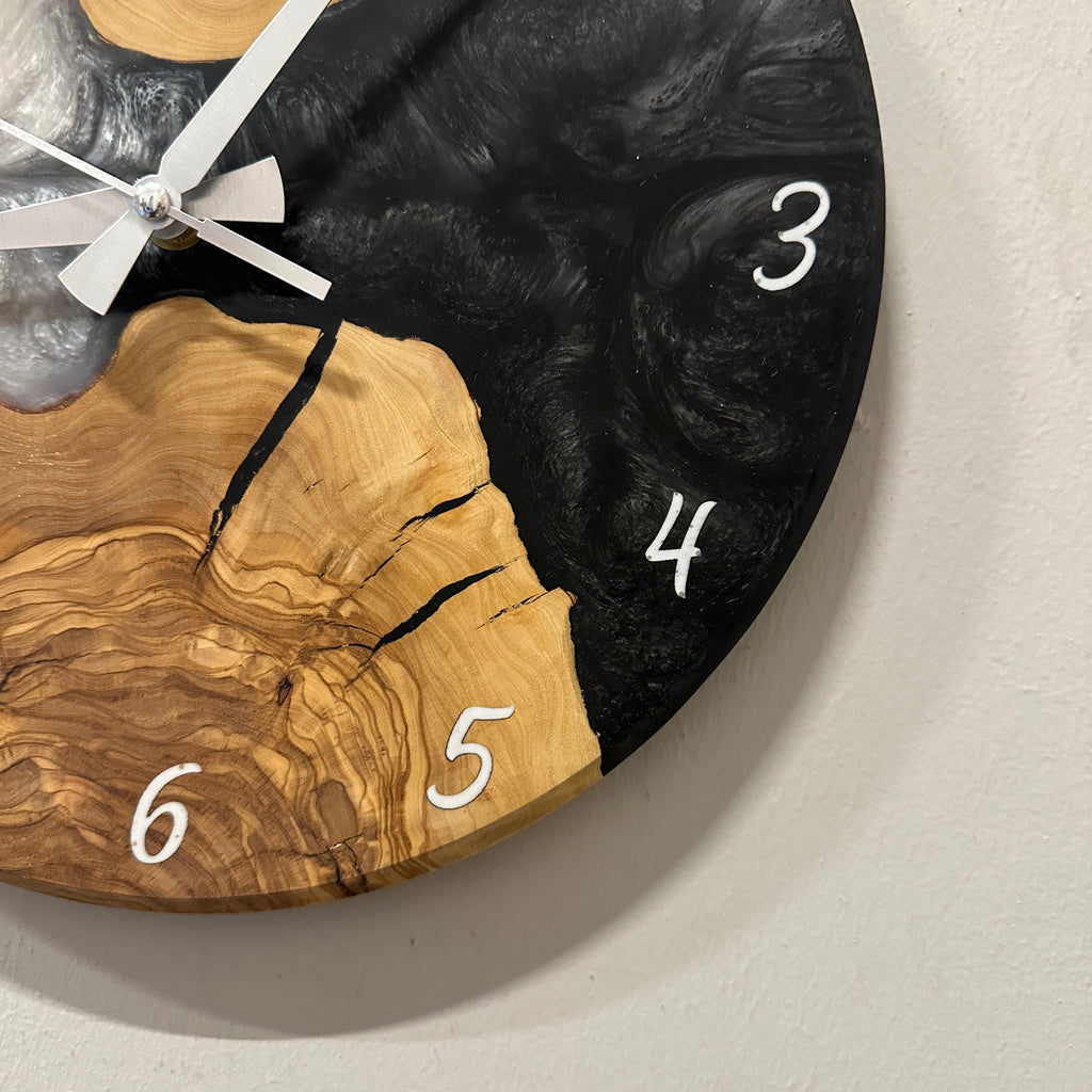 Olive Wood Wall Clock - Live Edge with Clear Resin Detail, Home Decor