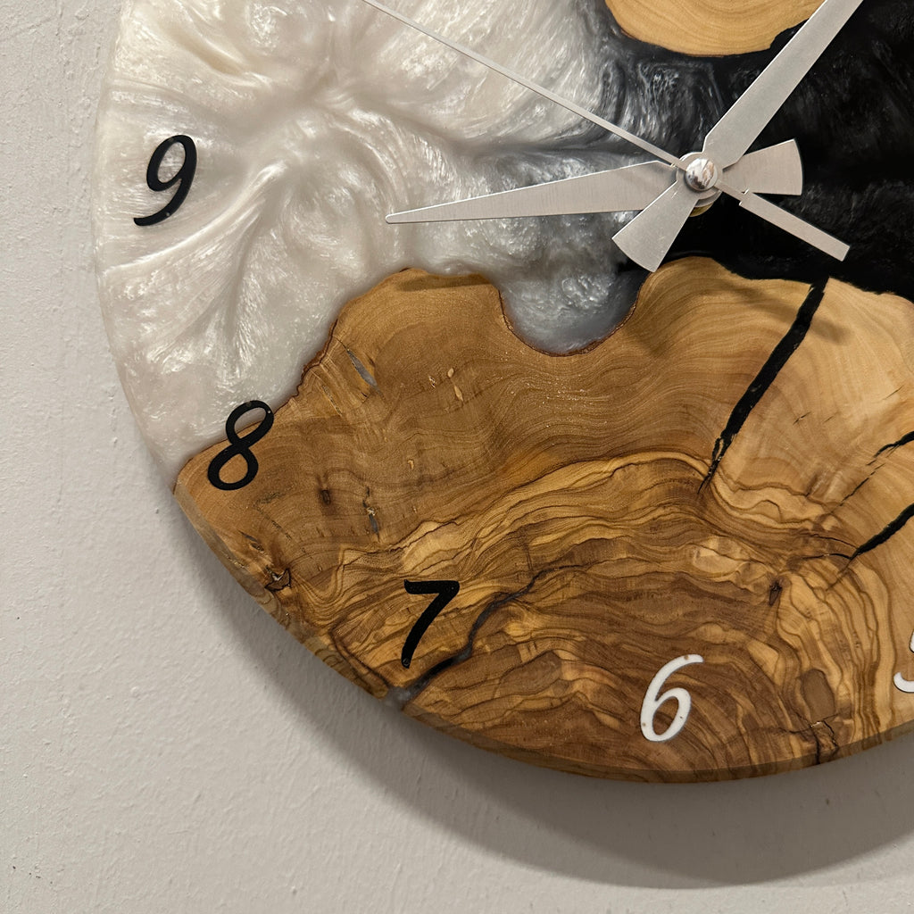 Olive Wood Wall Clock - Live Edge with Clear Resin Detail, Home Decor