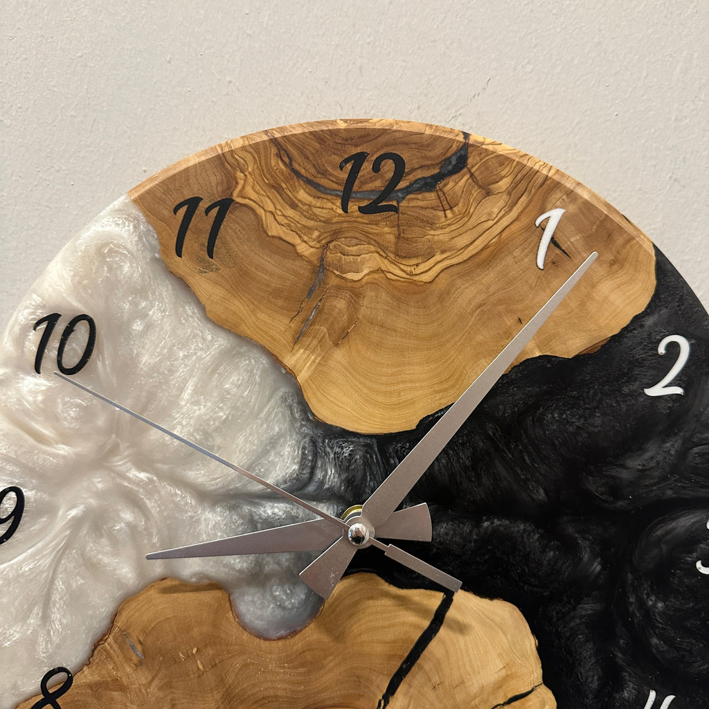 Olive Wood Wall Clock - Live Edge with Clear Resin Detail, Home Decor
