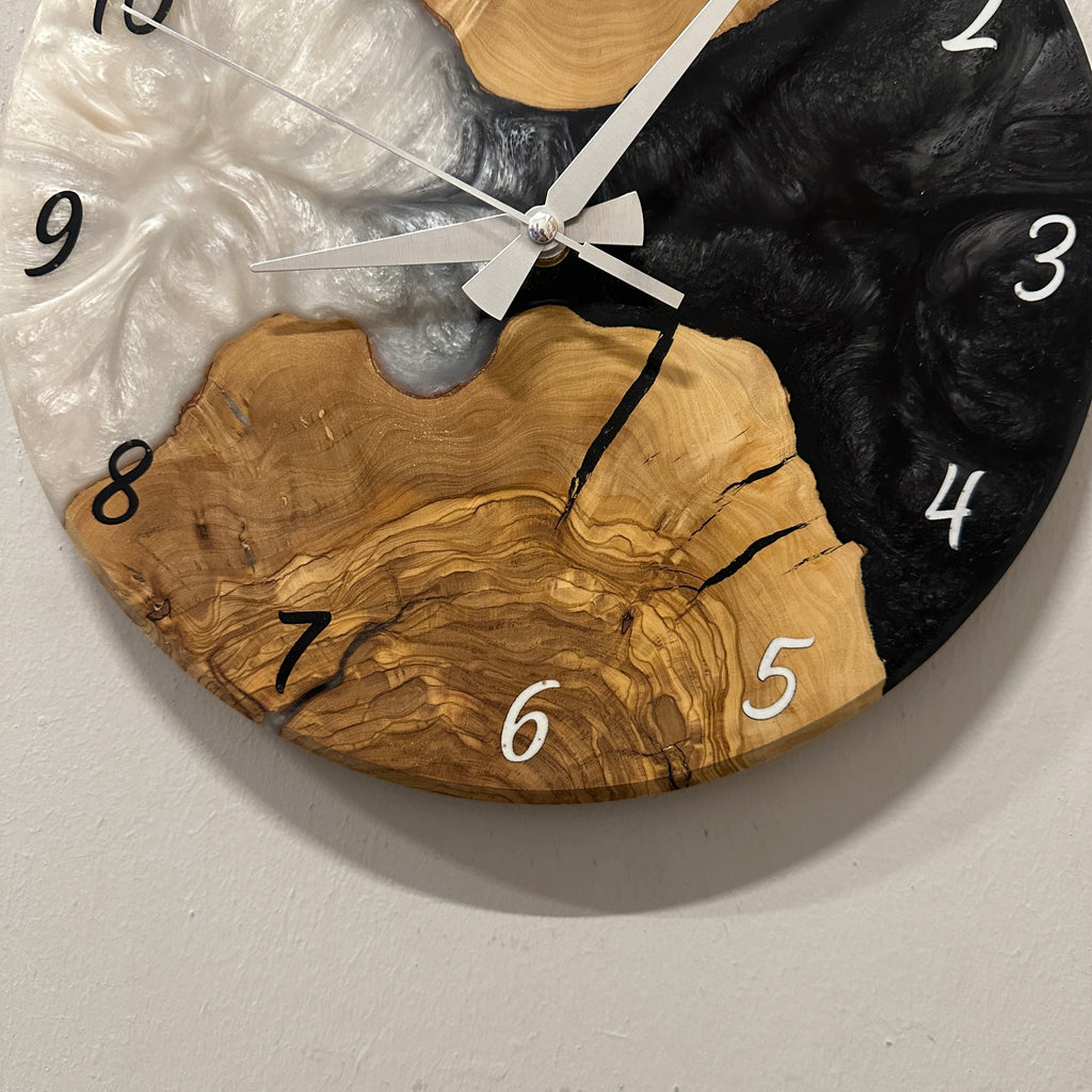 Olive Wood Wall Clock - Live Edge with Clear Resin Detail, Home Decor