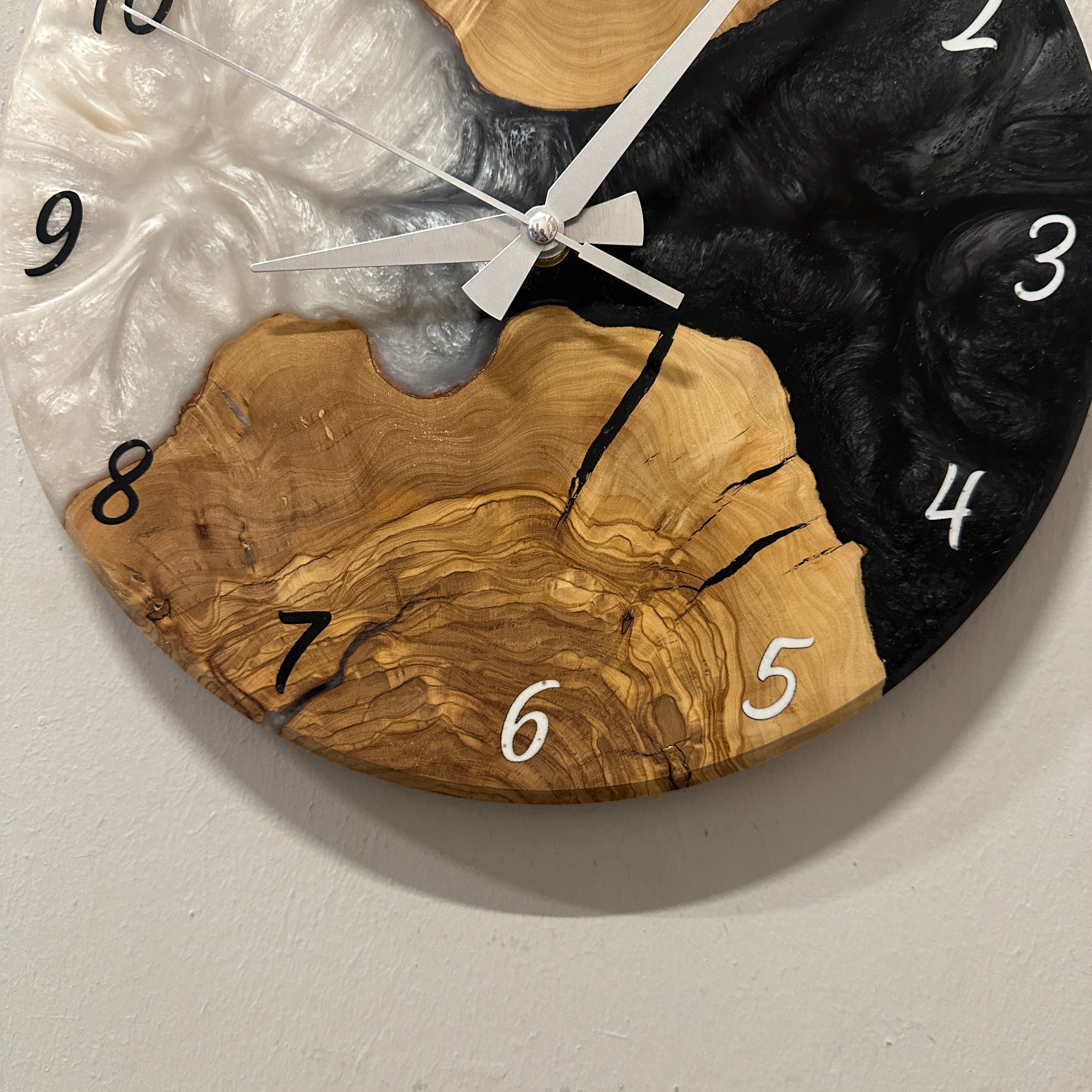 Olive Wood Wall Clock - Live Edge with Clear Resin Detail, Home Decor