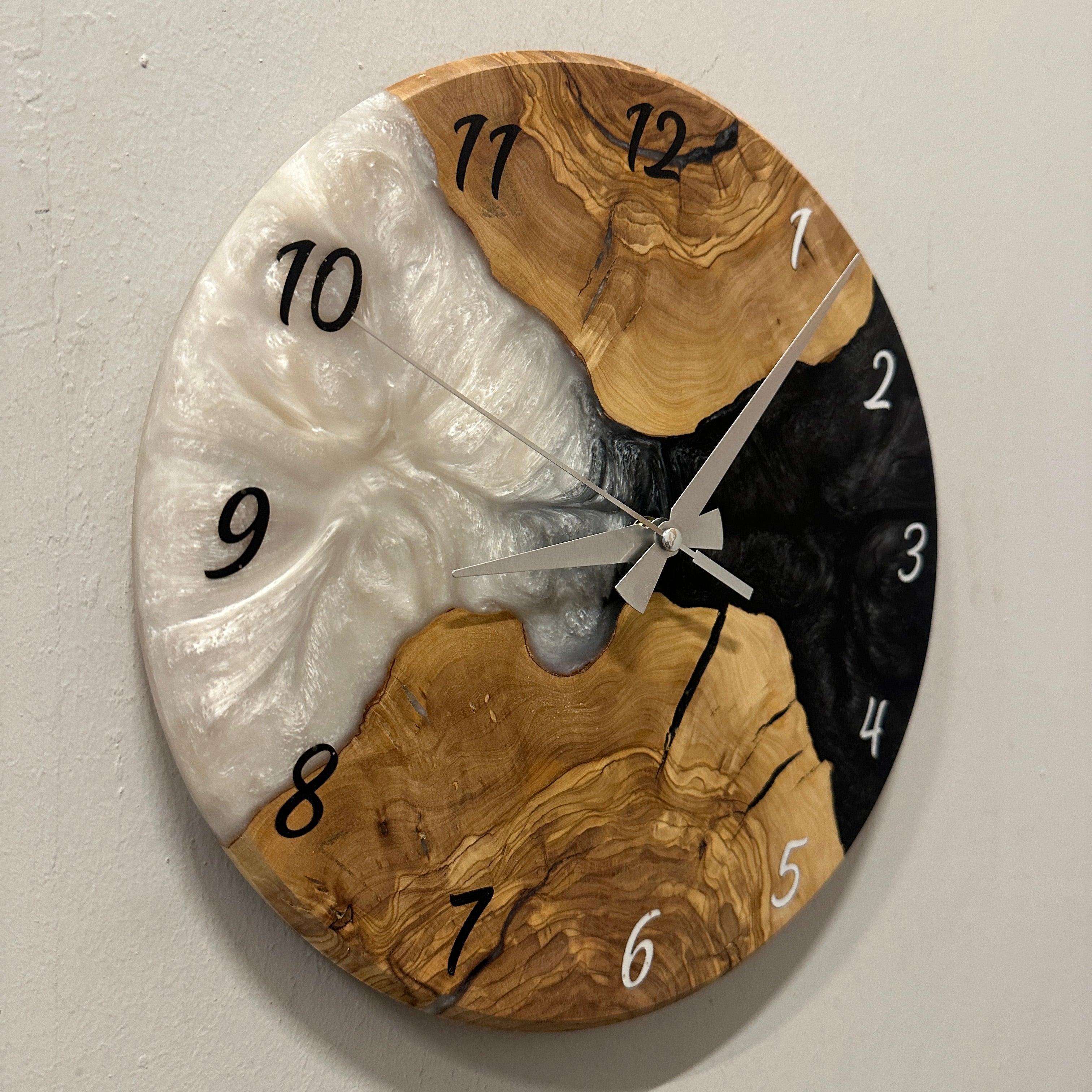 Olive Wood Wall Clock - Live Edge with Clear Resin Detail, Home Decor