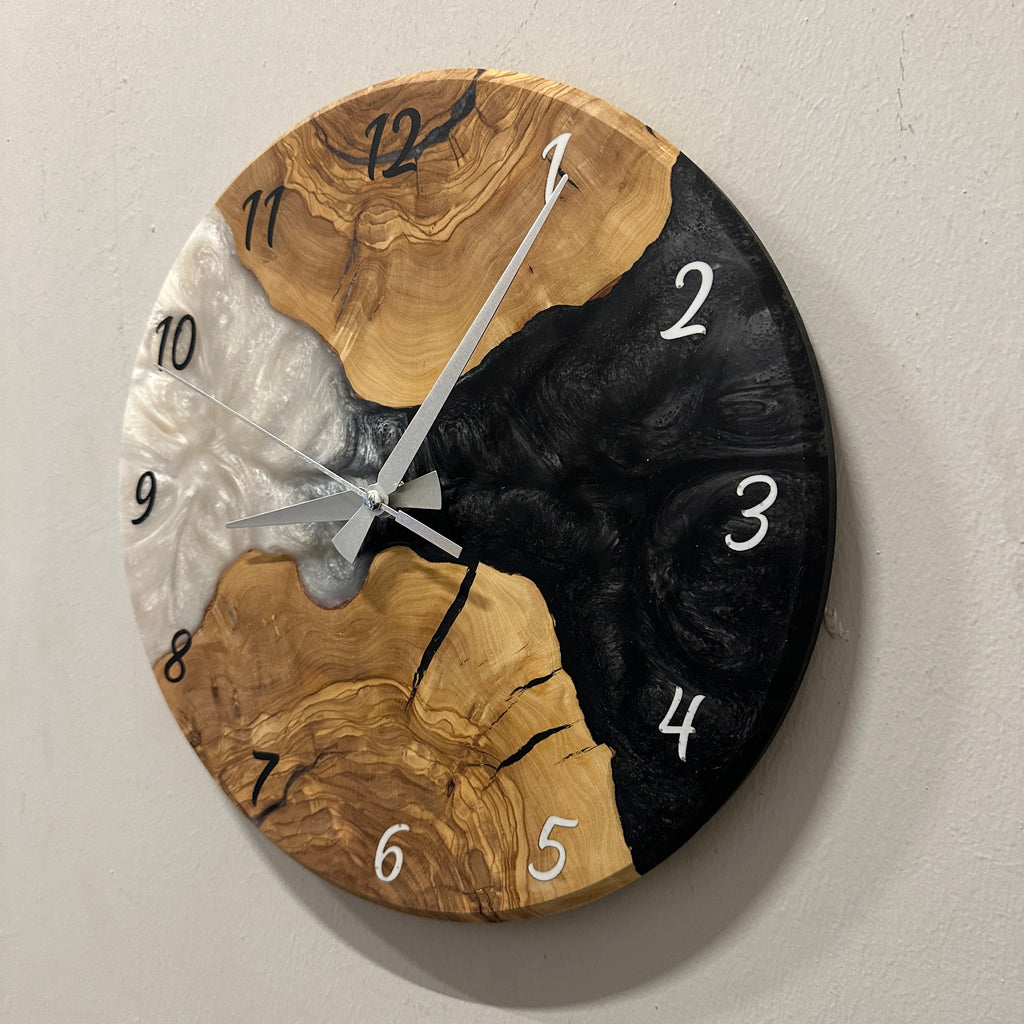 Olive Wood Wall Clock - Live Edge with Clear Resin Detail, Home Decor
