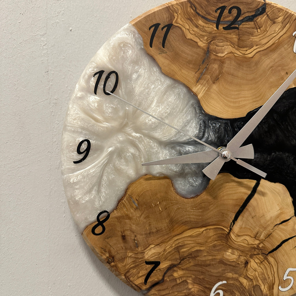 Olive Wood Wall Clock - Live Edge with Clear Resin Detail, Home Decor