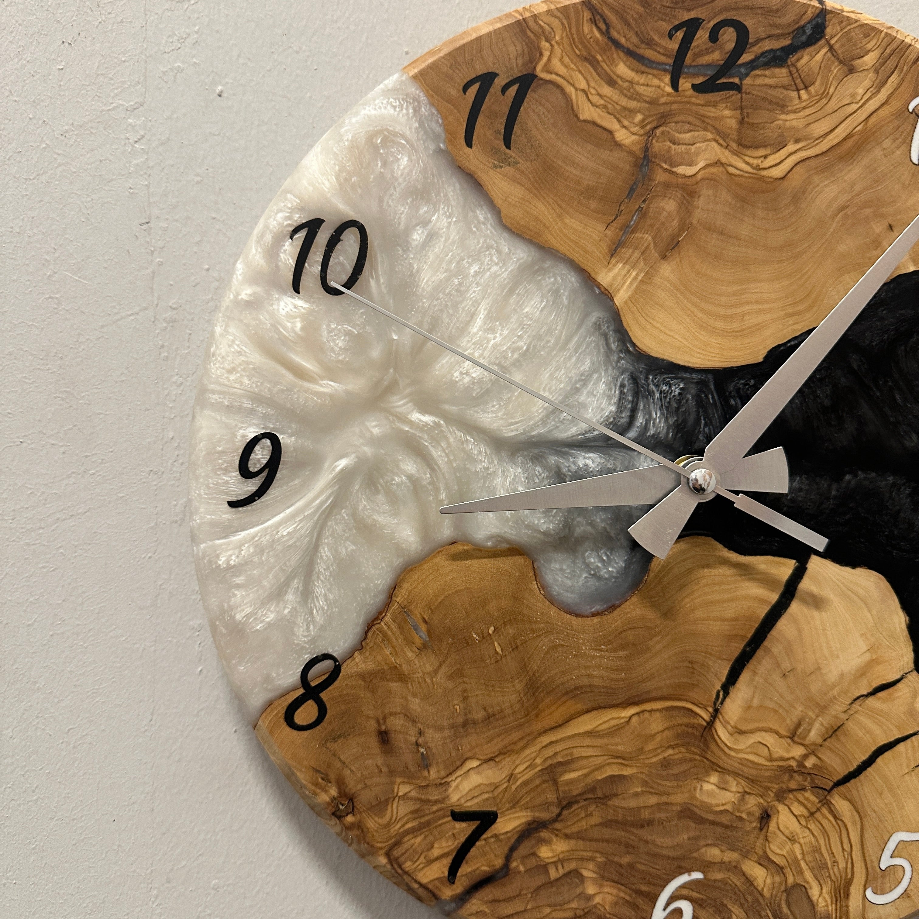 Olive Wood Wall Clock - Live Edge with Clear Resin Detail, Home Decor