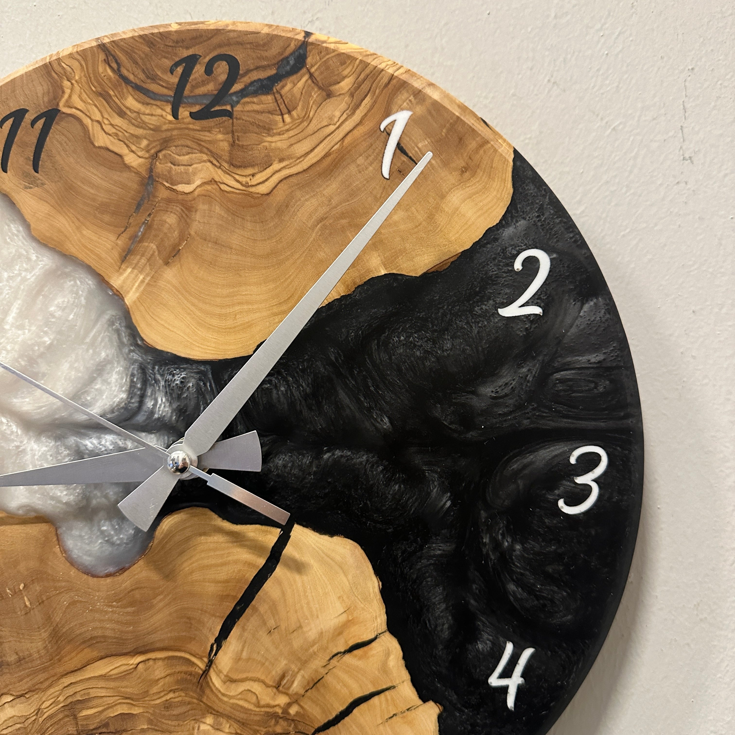 Olive Wood Wall Clock - Live Edge with Clear Resin Detail, Home Decor