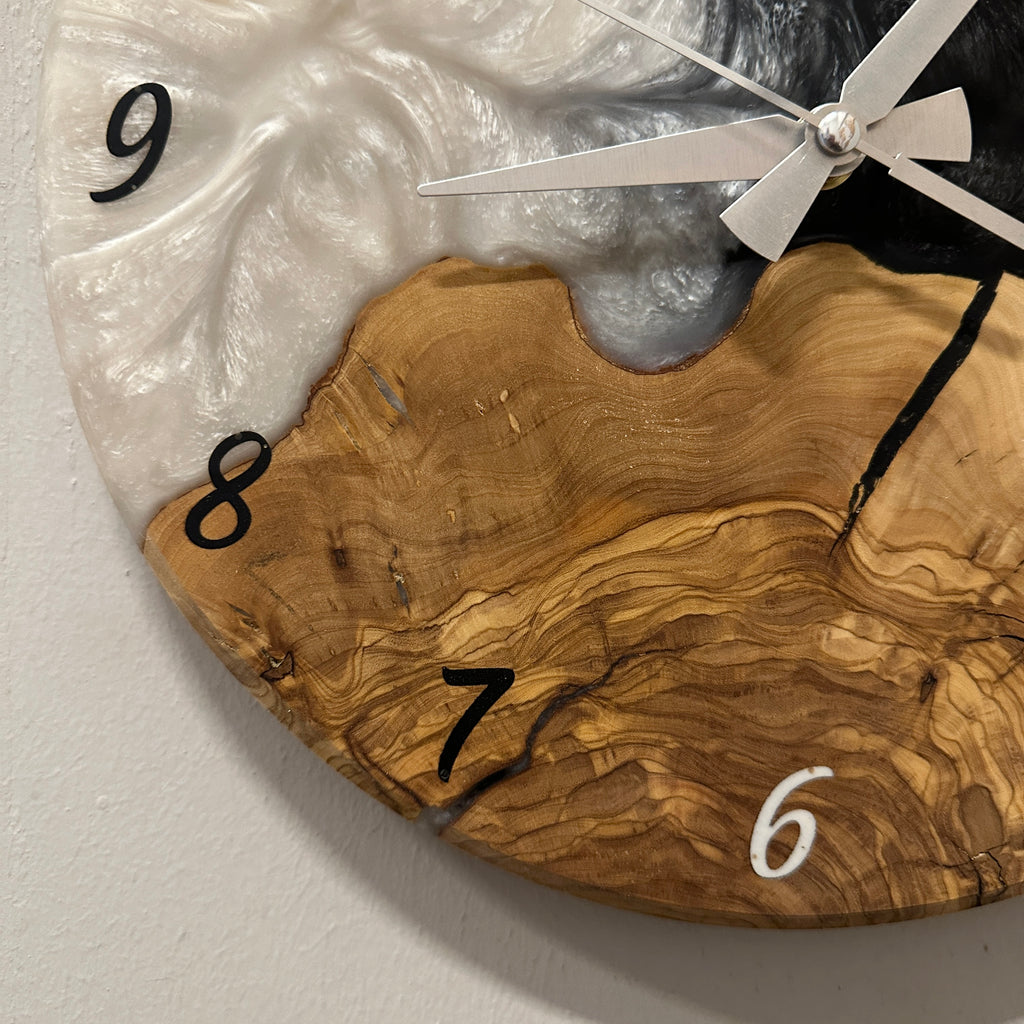 Olive Wood Wall Clock - Live Edge with Clear Resin Detail, Home Decor