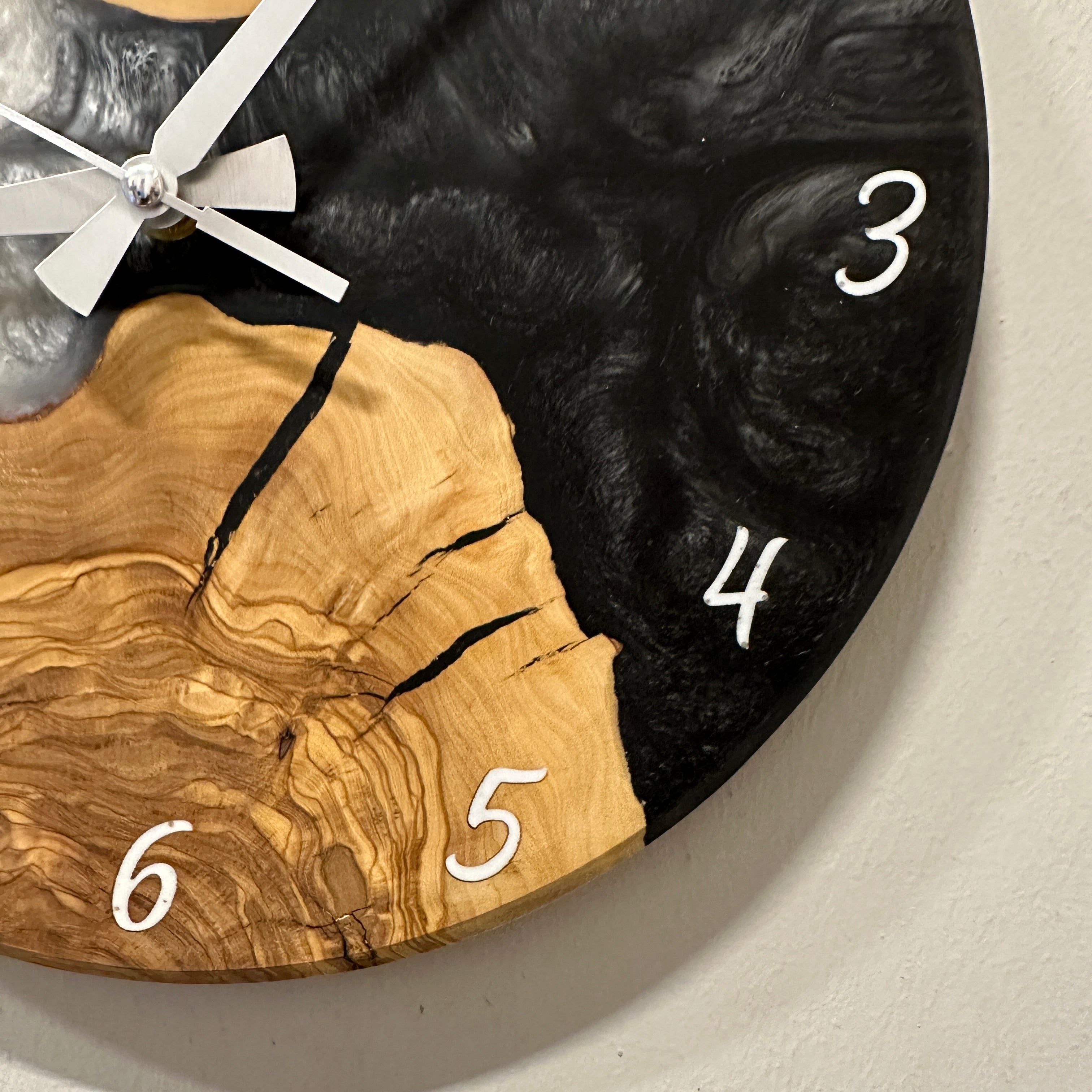 Olive Wood Wall Clock - Live Edge with Clear Resin Detail, Home Decor