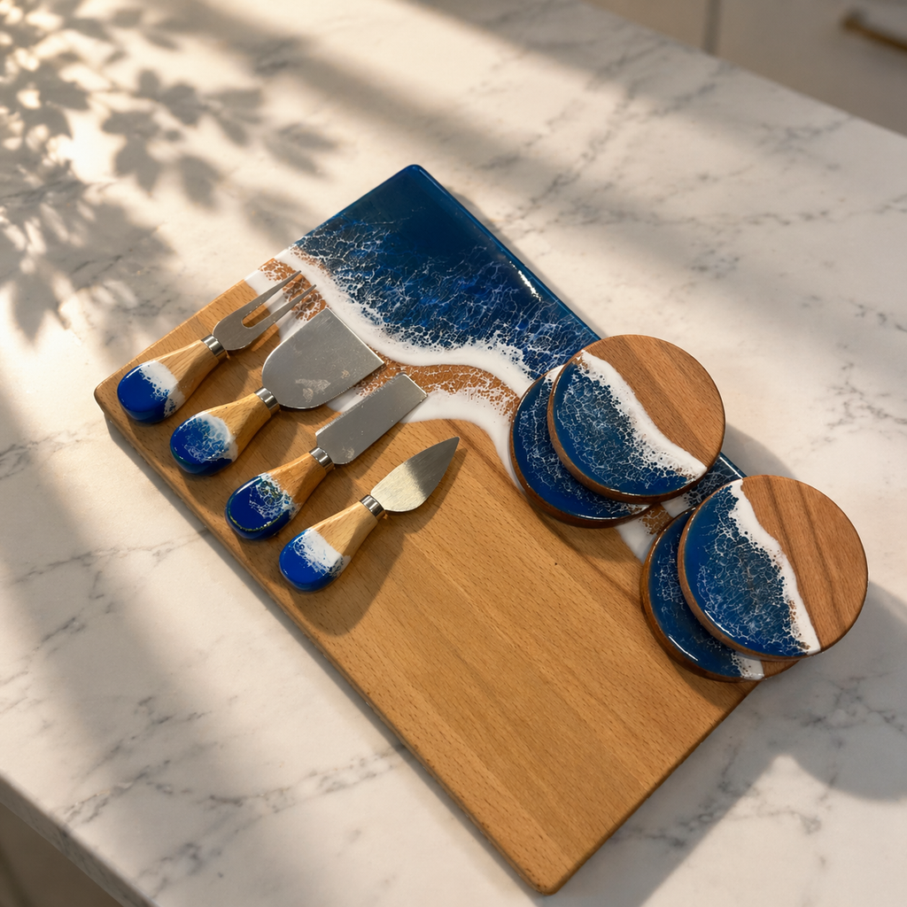 Handmade Charcuterie Serving Board, Ocean Resin Cheese Board, Epoxy Wood Kitchen Decor