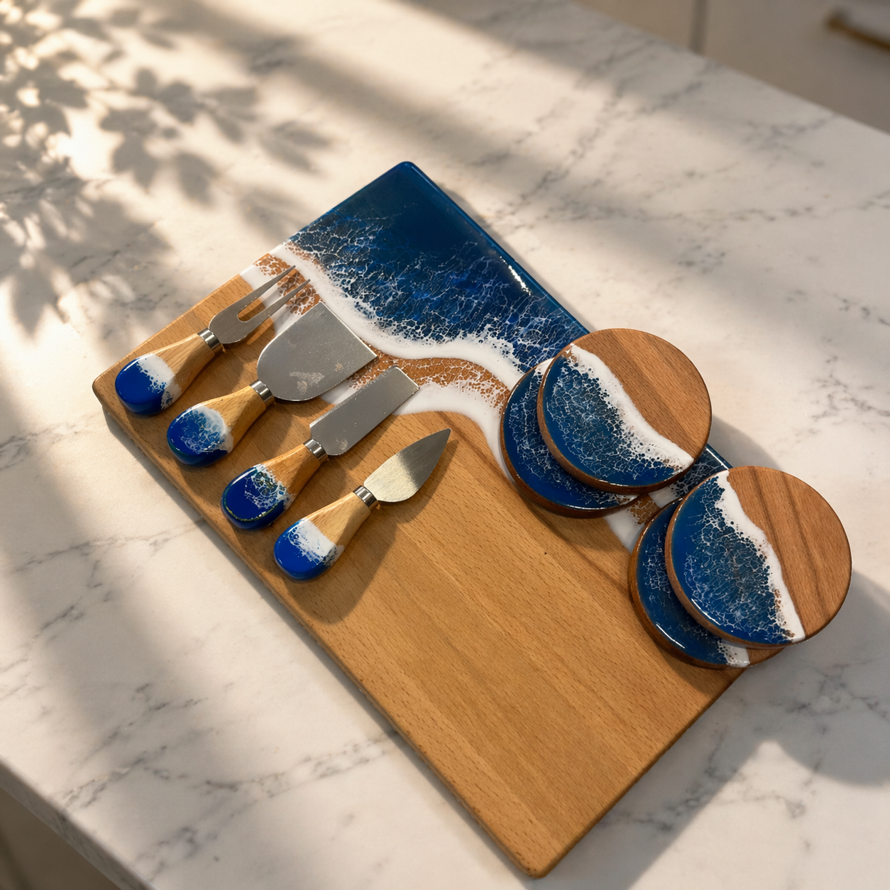 Handmade Charcuterie Serving Board, Ocean Resin Cheese Board, Epoxy Wood Kitchen Decor