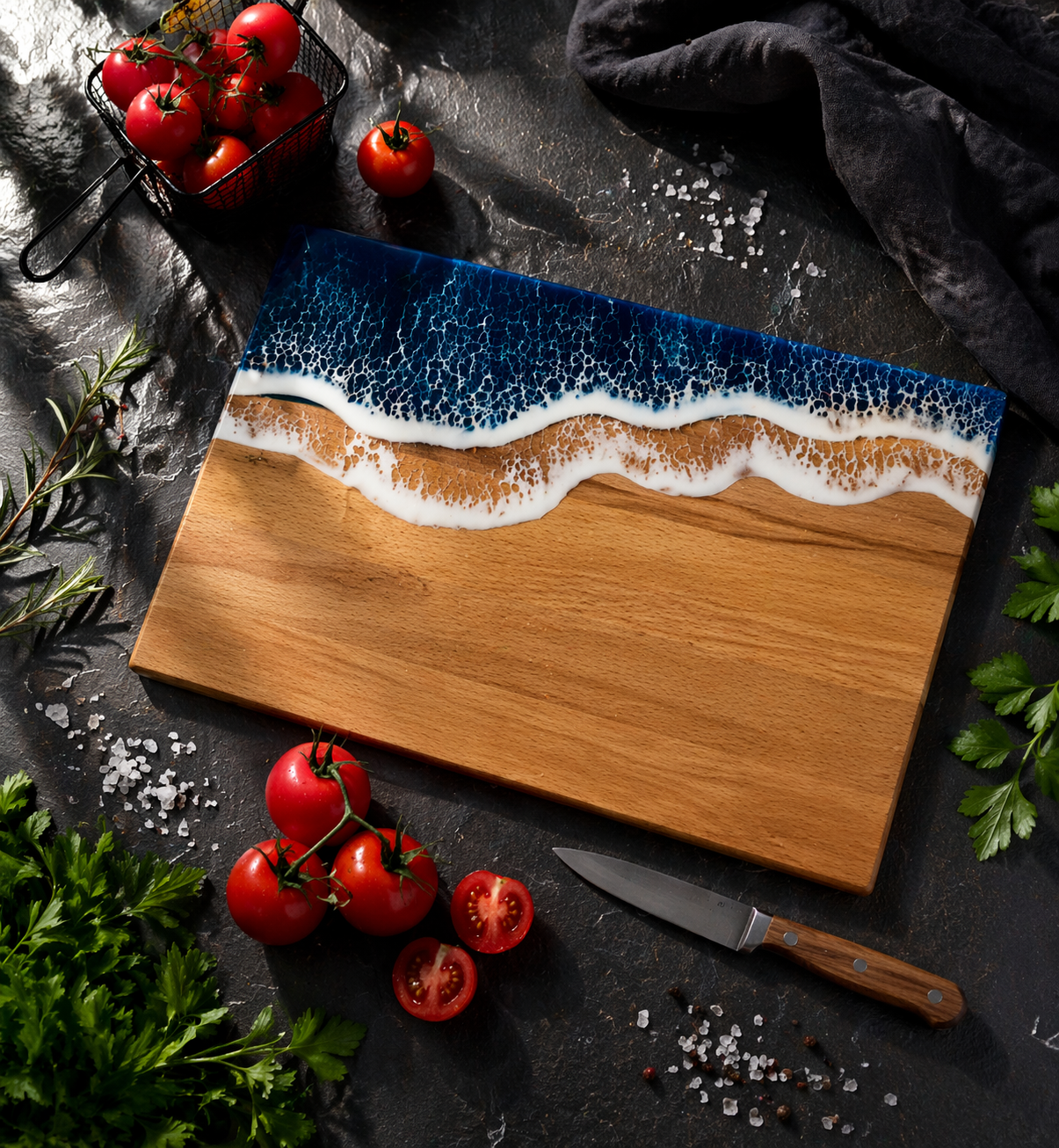 Handmade Charcuterie Serving Board, Ocean Resin Cheese Board, Epoxy Wood Kitchen Decor