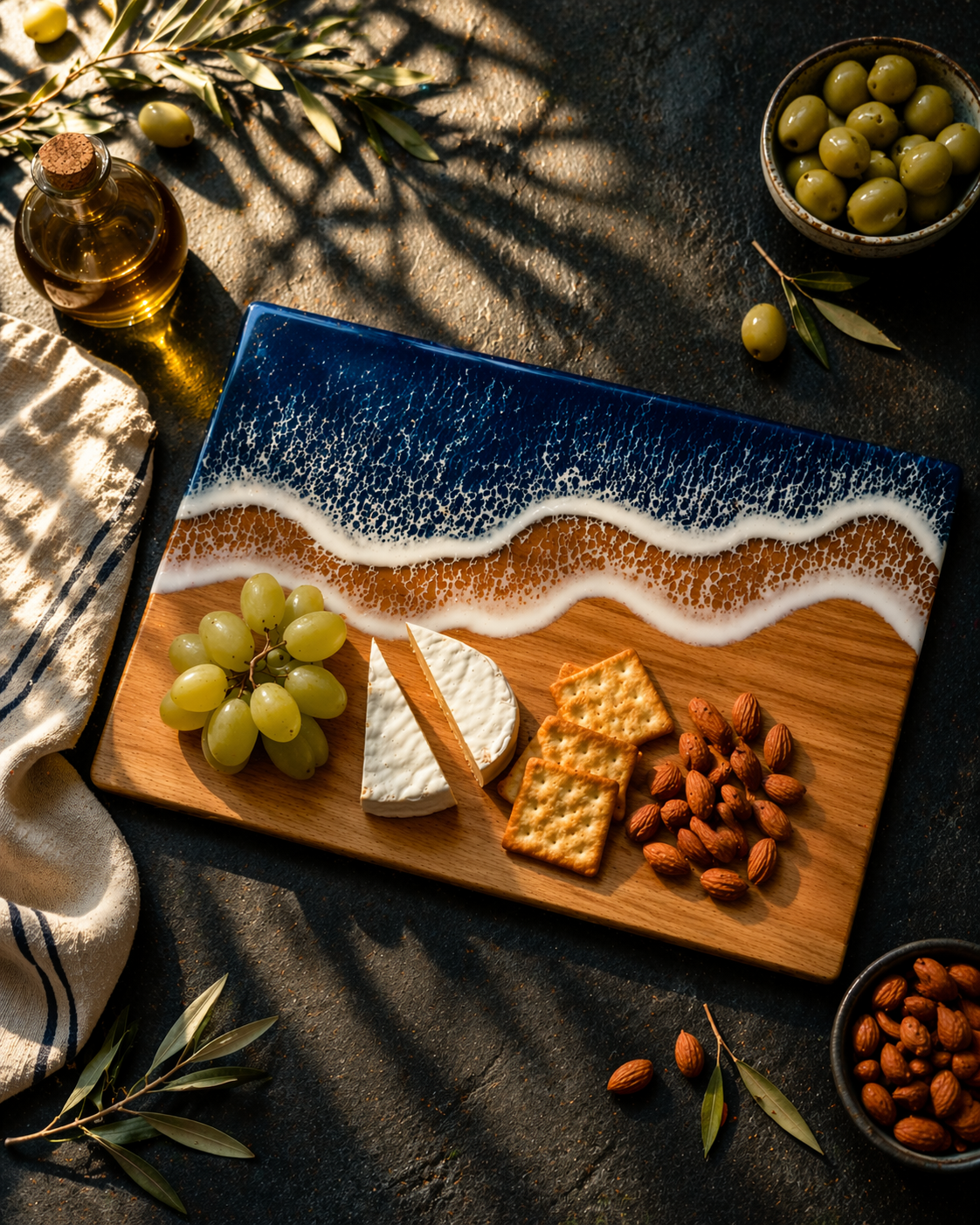Handmade Charcuterie Serving Board, Ocean Resin Cheese Board, Epoxy Wood Kitchen Decor