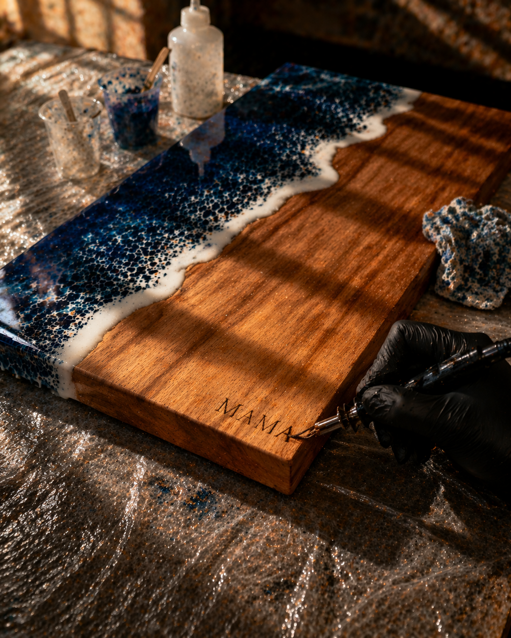 Handmade Charcuterie Serving Board, Ocean Resin Cheese Board, Epoxy Wood Kitchen Decor
