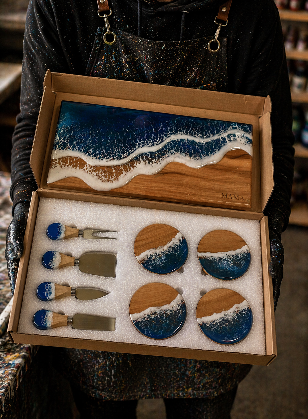 Handmade Charcuterie Serving Board, Ocean Resin Cheese Board, Epoxy Wood Kitchen Decor