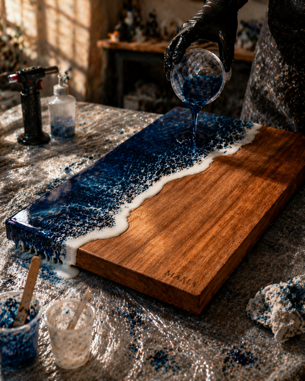 Handmade Charcuterie Serving Board, Ocean Resin Cheese Board, Epoxy Wood Kitchen Decor