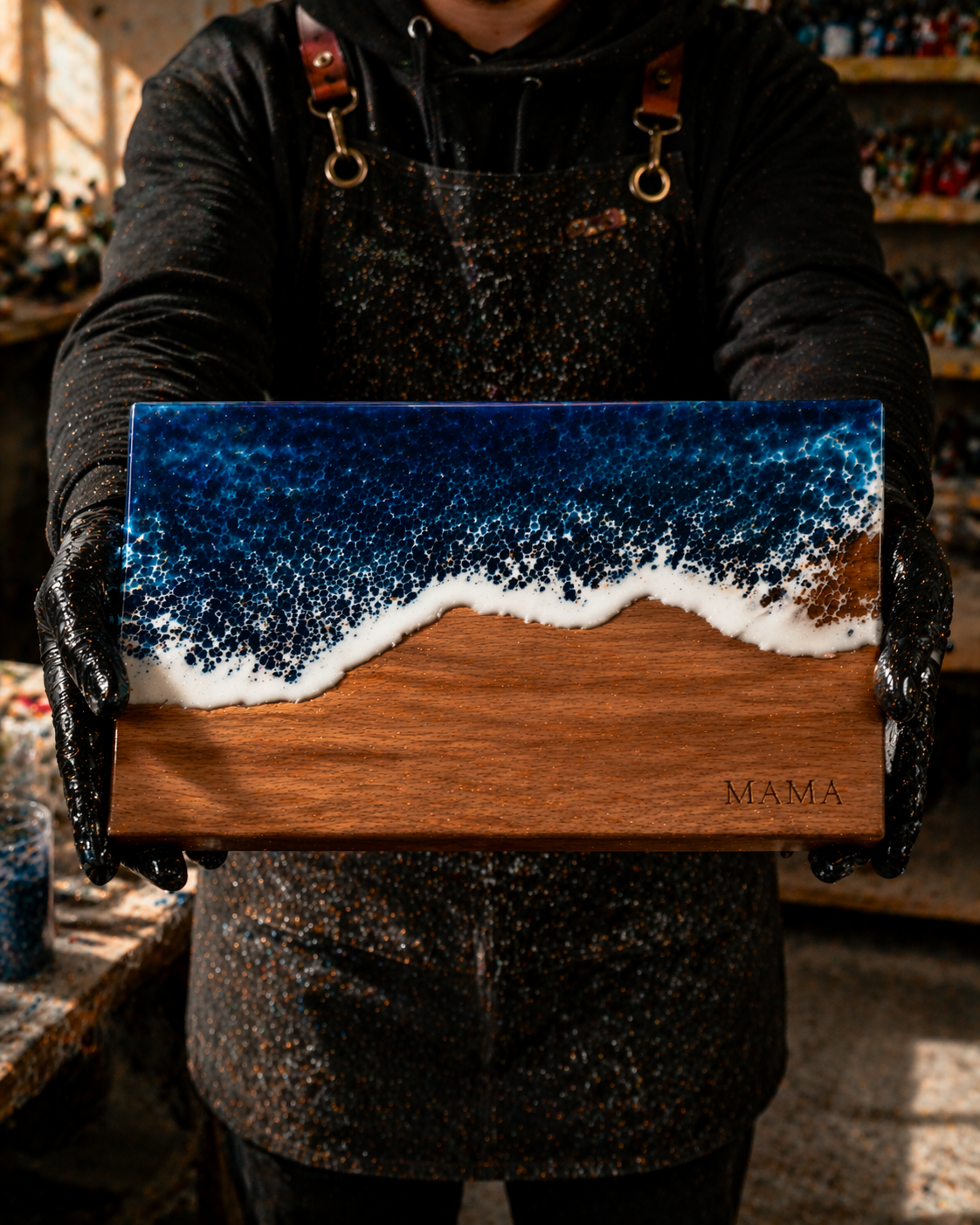 Handmade Charcuterie Serving Board, Ocean Resin Cheese Board, Epoxy Wood Kitchen Decor